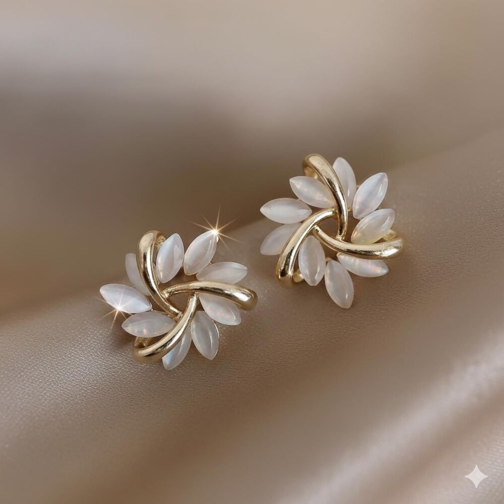 ElegantGlow Gold and White Leaf Design Women's Earrings